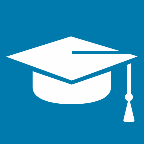 White graduation cap icon with tassel on teal background.