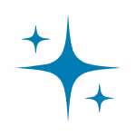 Three blue sparkle stars of varying sizes on a white background.