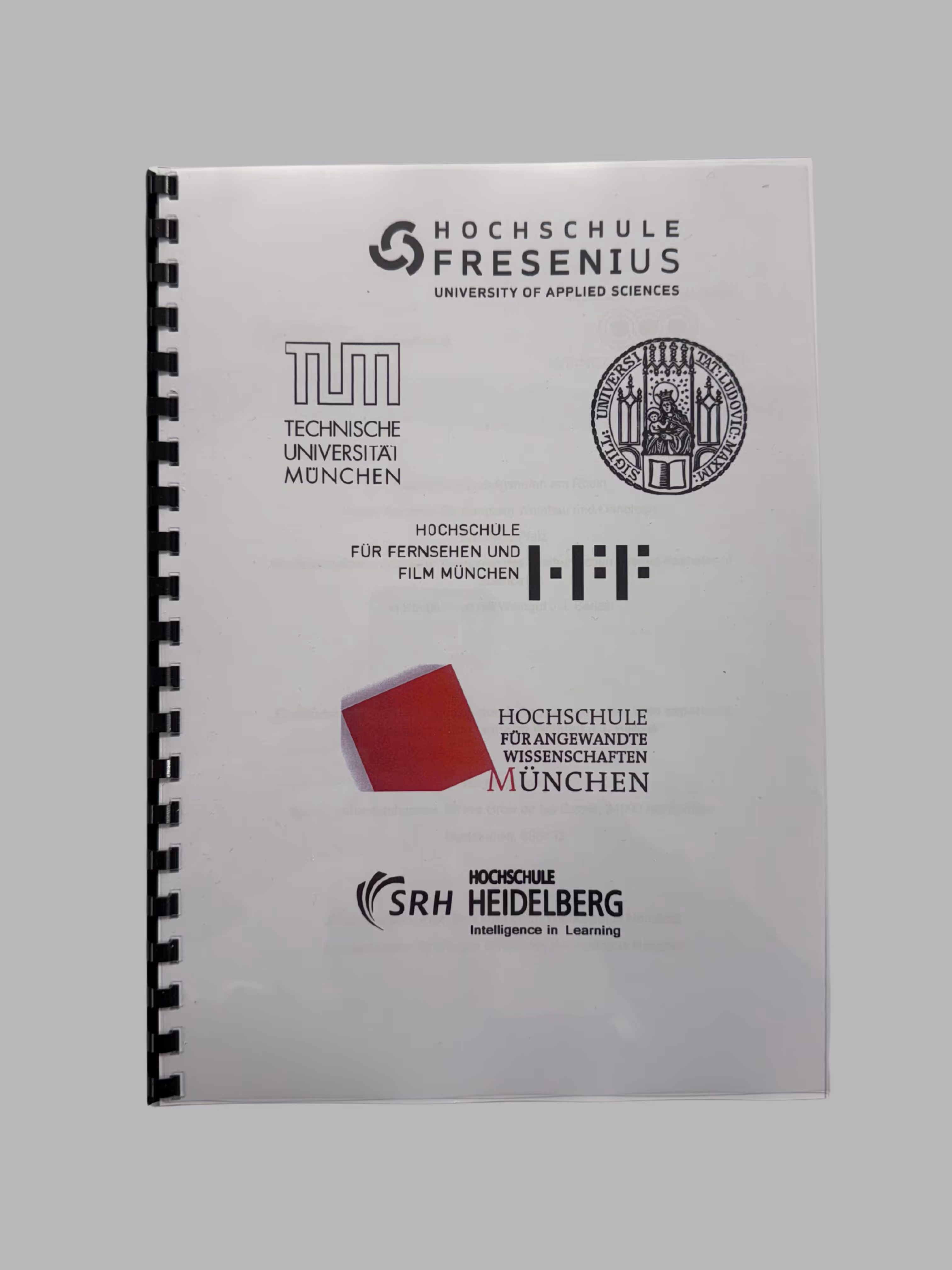 Document cover showing logos of German universities, including Hochschule Fresenius, Technische Universität München, Hochschule für Fernsehen und Film München, Hochschule für angewandte Wissenschaften München, and SRH Hochschule Heidelberg.