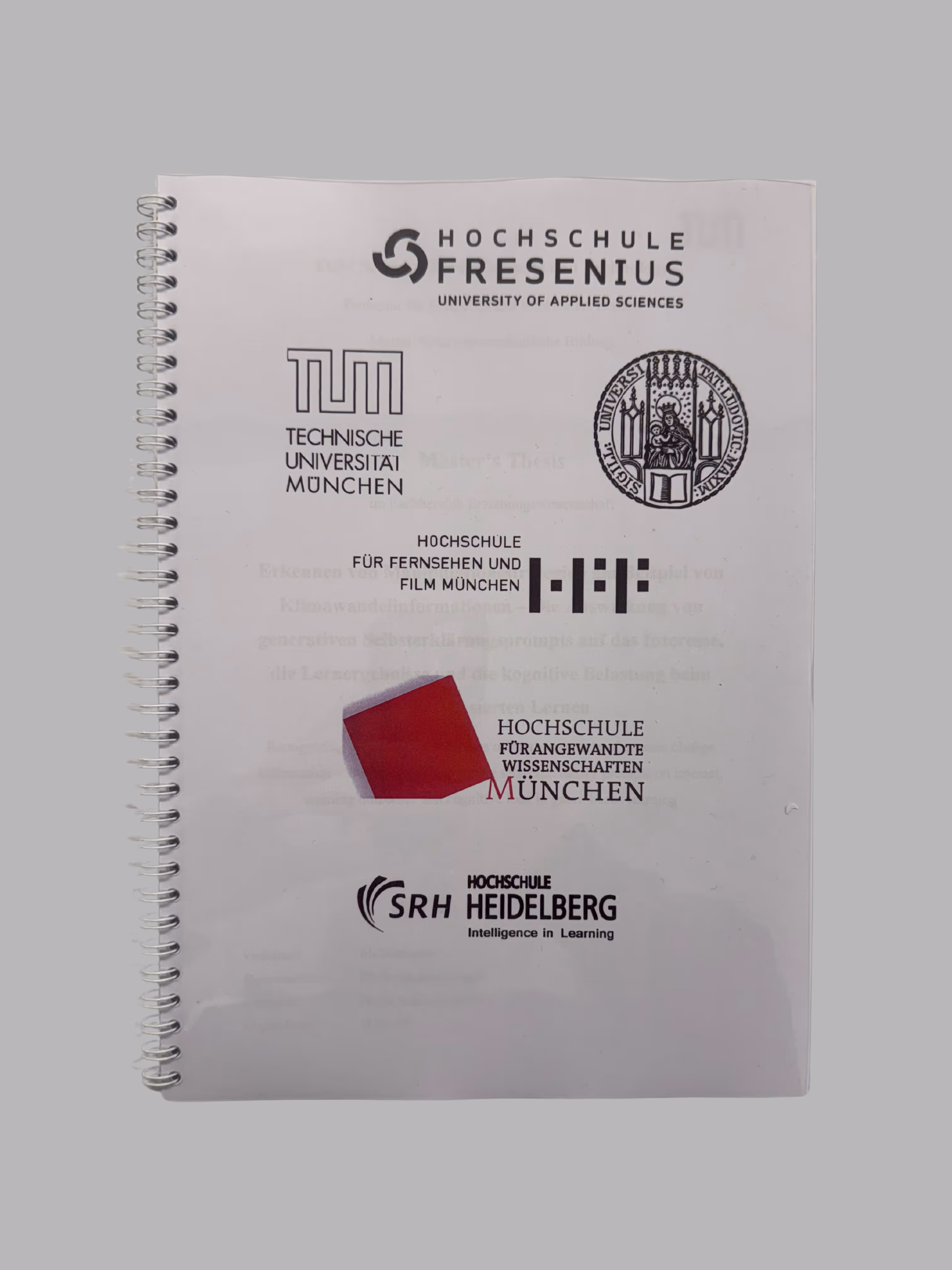 Front cover of a spiral-bound academic thesis featuring logos and names of German universities, including Hochschule Fresenius, Technische Universität München, Hochschule für Fernsehen und Film München, Hochschule für Angewandte Wissenschaften München, and SRH Hochschule Heidelberg.