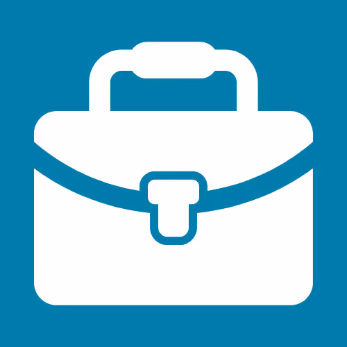 White briefcase icon with a handle and clasp on a teal background.