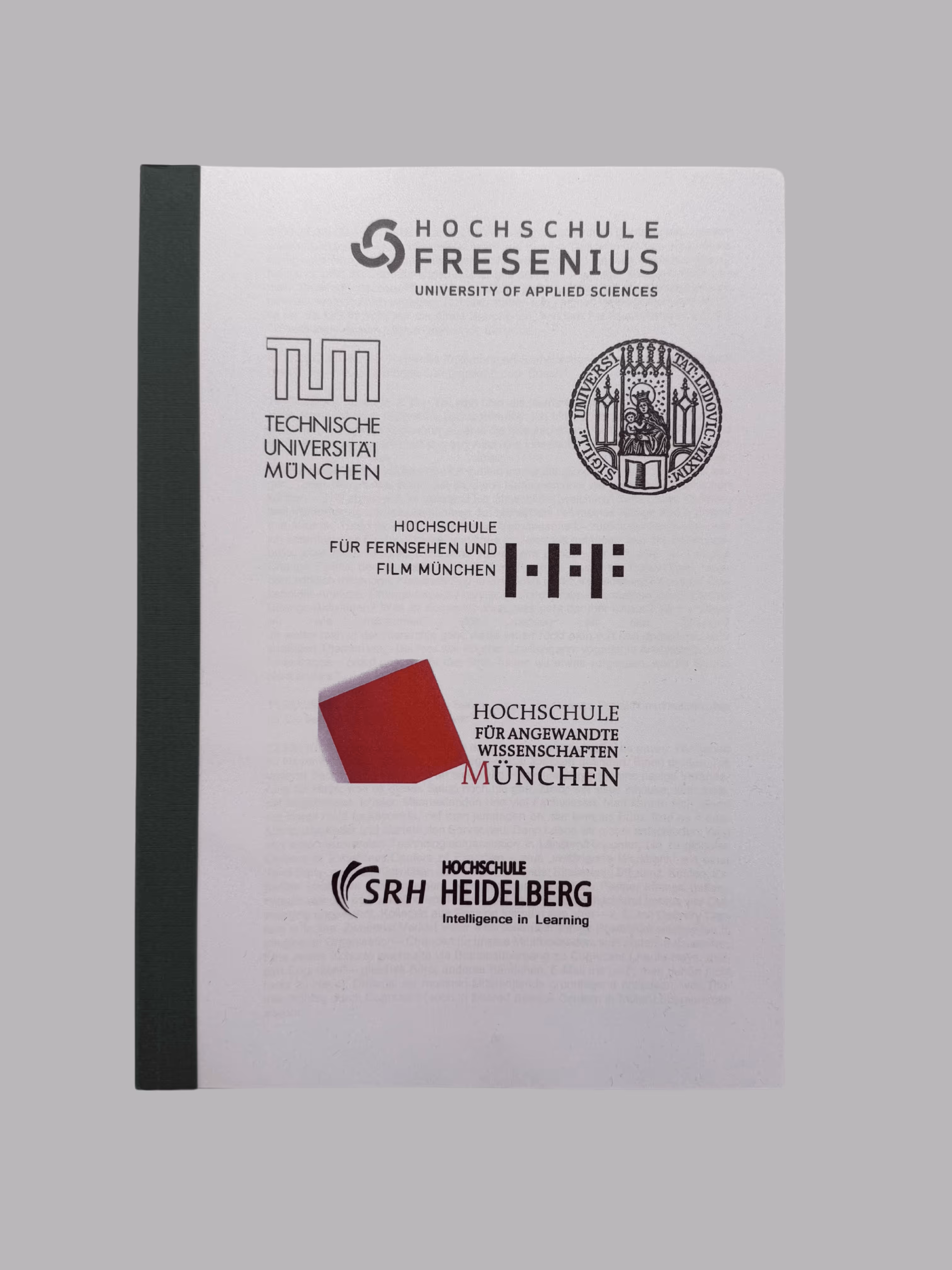 Cover page featuring logos of Hochschule Fresenius, Technische Universität München, Hochschule für Fernsehen und Film München, Hochschule für Angewandte Wissenschaften München, and SRH Hochschule Heidelberg.