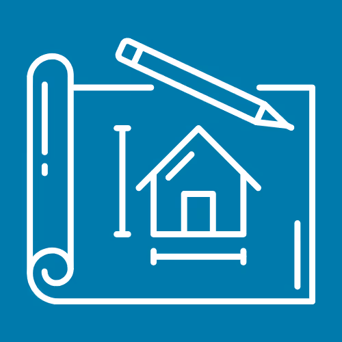 White line drawing of a house blueprint with a pencil on a blue background.