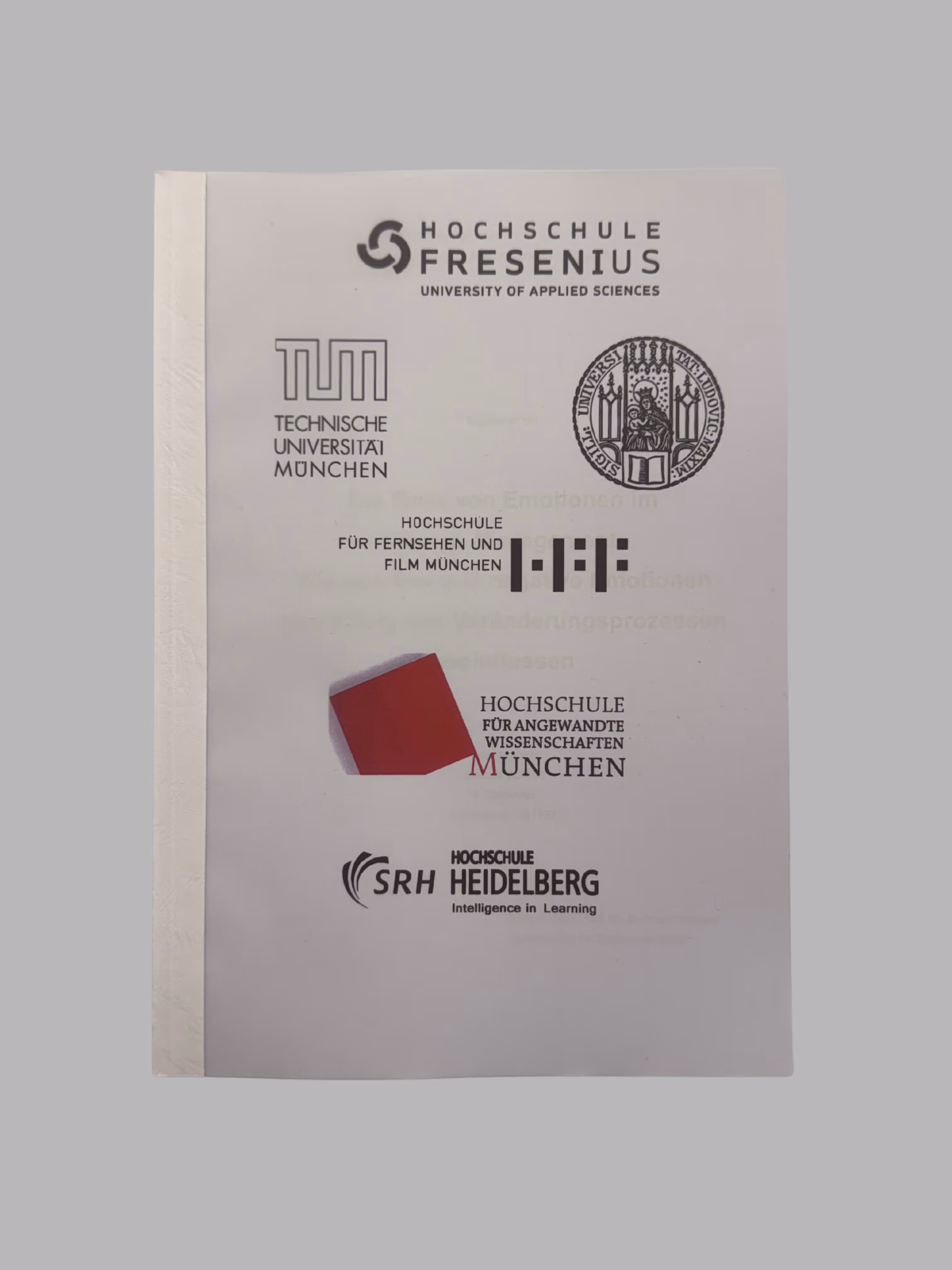 Page displaying logos of several German universities including Hochschule Fresenius, Technische Universität München, Hochschule für Fernsehen und Film München, Hochschule für Angewandte Wissenschaften München, and SRH Hochschule Heidelberg.
