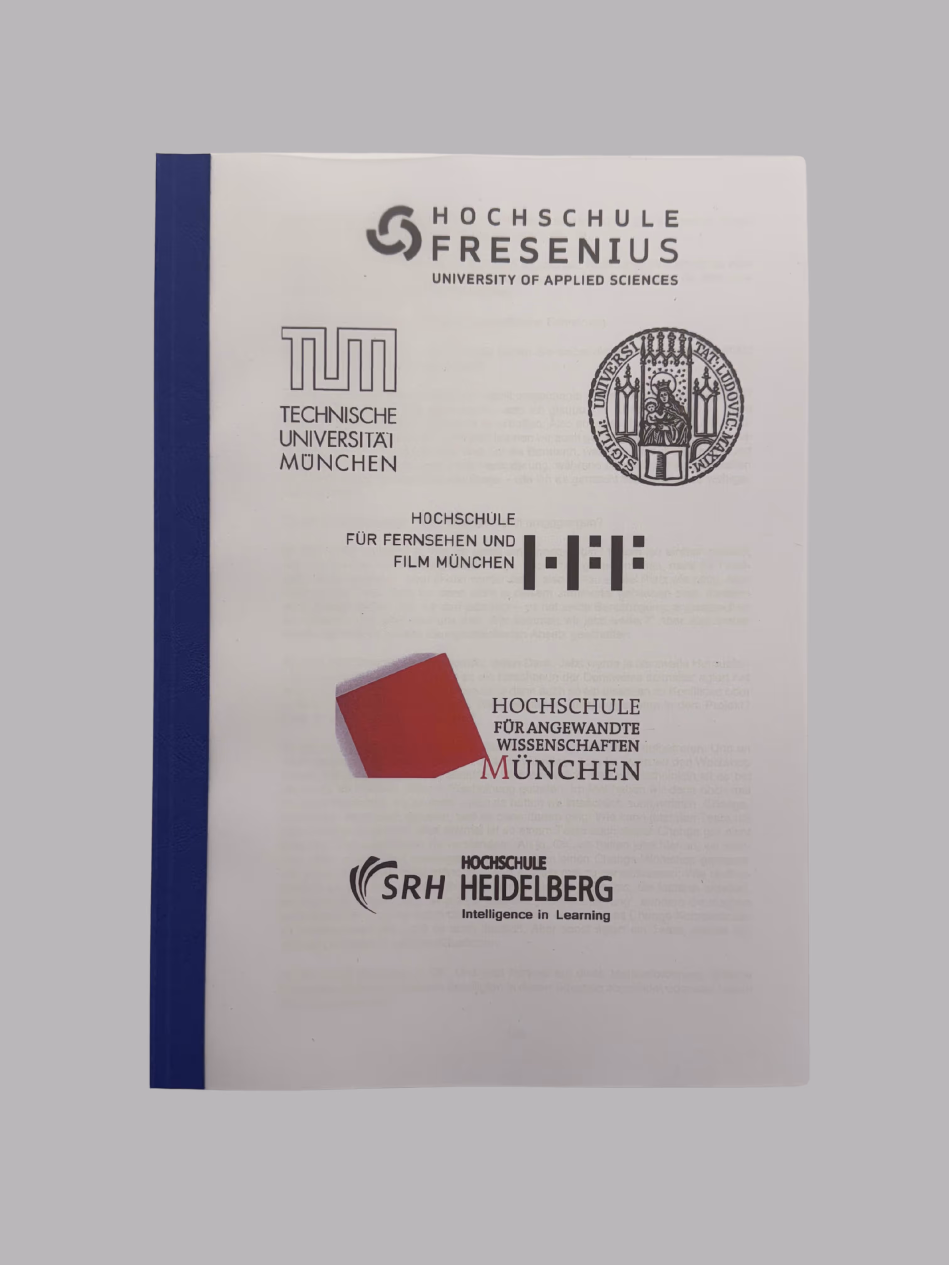 Document cover displaying logos and names of multiple German universities including Hochschule Fresenius, Technische Universität München, Hochschule für Fernsehen und Film München, Hochschule für Angewandte Wissenschaften München, and SRH Hochschule Heidelberg.
