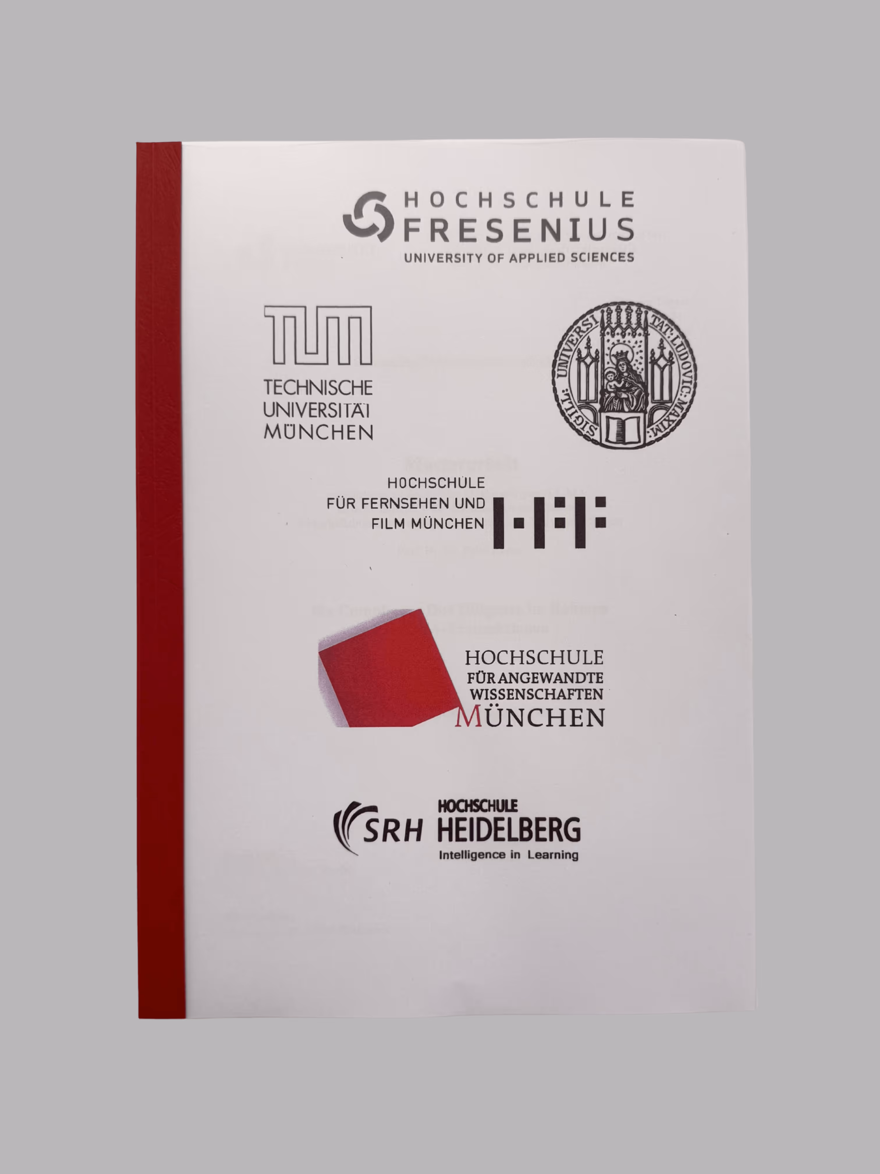 White booklet with logos and names of German universities including Hochschule Fresenius, Technische Universität München, Hochschule für Fernsehen und Film München, Hochschule für Angewandte Wissenschaften München, and SRH Hochschule Heidelberg.