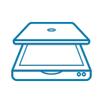Blue line drawing icon of an open flatbed scanner.