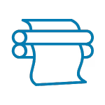 Blue icon of a paper roll dispenser with two rolls and a sheet partially unrolled.