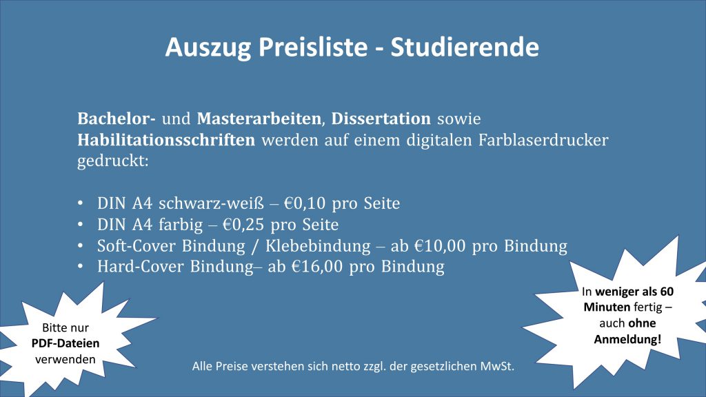 Digitalzentrum Auszug Preisliste Studierende